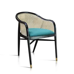 Dining Chair with Rattan Backrest and Brass feet Unique Design Black Color wood