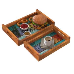 Juego de 2 bandejas de madera impresas de alta calidad, plato de madera hecho a mano con asas, bandeja decorativa para servir postres - Product Image 3