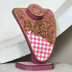 Soporte de exhibición de collares de cuero floral con estampado de tablero de ajedrez rosa, estilo occidental, duradero, tendencia 2026 - Product Image 4