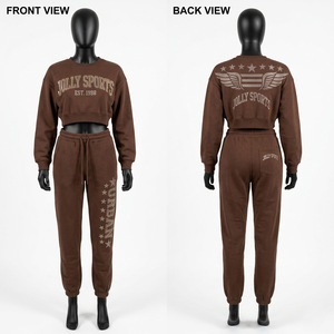 Women Brown 320 GSM Cotton Polyester Fleece Crop <b>Top</b> Jogger Set <b>Rhinestone</b> Heat Transfer Custom Logo Women's Set - Product Image 1
