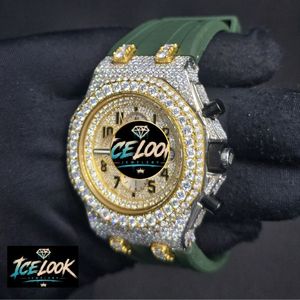 Montre chronographe Iced Quartz, bracelet en or, argent, bracelet vert, lunette sertie de diamants, affichage de la date - Product Image 3