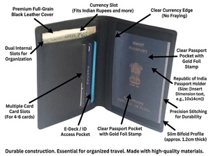 Porta Pasaportes Wriza Premium de Cuero Genuino Negro, Hecho a Mano en Bengala Occidental, Duradero, con Protección RFID para Tarjetas de Crédito, Cartera de Viaje Delgada - Product Image 3