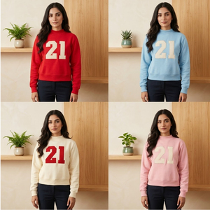 Sweat-shirt rose à col rond pour femme avec impression du numéro 21 sur le devant, coupe classique, pull en tricot d'automne - Product Image 5