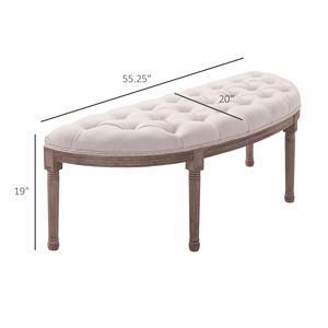 Panca Ottomana Vintage Semicircolare in Velluto Trapuntato Bianco Crema con Gambe in Legno di Gomma per Corridoio - Product Image 3