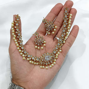 <b>Indian</b> Ethnic Gold Plated Steel Bridal Jewelry <b>Set</b>-Delicate Moti Victorian Necklace with Earrings - Product Image 6