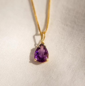 Collier pendentif en améthyste naturelle taille poire, argent sterling 925 plaqué or 14 carats, bijou de luxe délicat et minimaliste pour anniversaire - Product Image 1