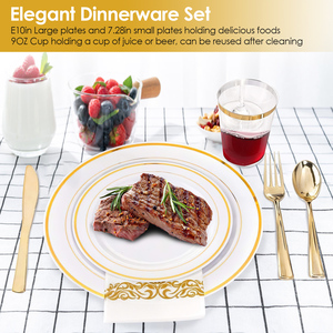 175 pezzi Set di stoviglie monouso oro oro cerchio piatti di plastica tazze cucchiaio forchetta coltello tovaglioli di carta per festa di laurea di nozze - Product Image 4
