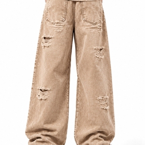 Jean baggy en denim délavé personnalisé pour homme, coupe ample, style streetwear hip-hop, avec imprimé lettres et design personnalisé - Product Image 2
