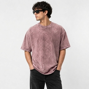 T-shirts décontractés pour hommes, effet délavé, style vintage, coton, coupe ample, col rond personnalisé, manches courtes - Product Image 4