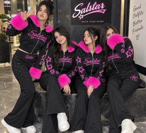 Women’s Black Velour <b>Tracksuit</b> <b>Set</b> with <b>Pink</b> Fur Hood, Rhinestone Star Design & Flared Pants – Custom Logo Fashion Jogger <b>Set</b> - Product Image 5