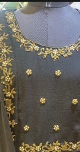 Robe noire en georgette pour l'Aïd al-Fitr, brodée, tenue formelle traditionnelle musulmane, avec châle à volants, longueur cheville, Salwar Kameez de fête - Product Image 4