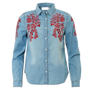 Chemises en jean pour femmes, couleur bleue, coupe courte, logo personnalisé, vente en gros, chemises en jean en coton pour femmes, ODM - Product Image 1