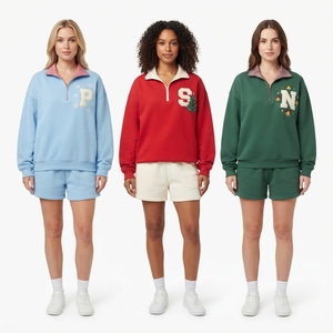 <b>Women's</b> Christmas Embroidered <b>Quarter</b> <b>Zip</b> <b>Sweatshirt</b> and Shorts Set Holiday Casual 2 Piece Outfit - Product Image 1
