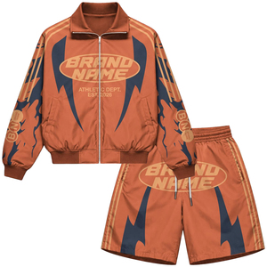 Your Brand Name <b>Men's</b> Sporty Track <b>Jacket</b> & Shorts Set Sublimation Print Breathable Polyester <b>Summer</b> Outfit Turn-down Collar Set - Product Image 1