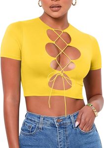T-shirt court à lacets sur le devant pour femme, haut streetwear personnalisé avec découpes, style Y2K, collection printemps-été, col rond, chemisier ajouré, DTF - Product Image 4