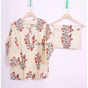 Ensemble de pyjama de luxe pour femme 100 % coton, écologique, élégant, col modeste, motif floral, confortable, doux, pantalon et chemise unis, sac inclus - Product Image 3