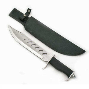 Cuchillo de Supervivencia de Hoja Fija de Alta Demanda |   Cuchillo de Acero Inoxidable con Recortes Ovalados y Espina Dentada, Incluye Funda Negra, Económico - Product Image 1