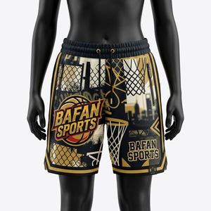 Shorts de basket-ball pour femmes de qualité supérieure, en polyester mesh noir et or, avec panneaux graphiques et logo personnalisé. - Product Image 4