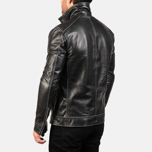Men's PU Eco-friendly Solid Dyed <b>Turtleneck</b> Collar Zipper Closure Slim Fit <b>Black</b> Regular Length Winter Wear Motorcycle Jacket - Product Image 4