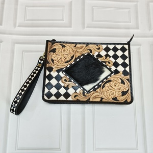 Bolsos de Hombro Pequeños de Cuero Hechos a Mano de Alta Calidad, Piel de Vaca y Patrón a Cuadros, Estilo Occidental, Bolso Bandolera con Correa para la Muñeca - Product Image 3