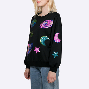 Custom Black Sequin Celestial Crewneck Sweatshirt Women's Hoodies Pullover Long Sleeve Space Design <b>Aesthetic</b> Streetwear <b>Top</b> - Product Image 5