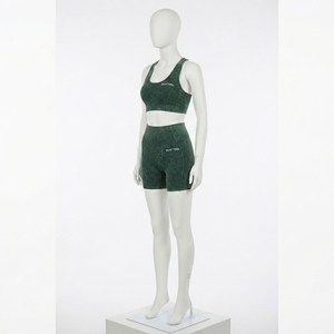 Women Dark <b>Green</b> Acid Wash Yoga <b>Set</b> Sports Bra High Waist Biker Shorts <b>Gym</b> Fitness Workout Activewear - Product Image 2