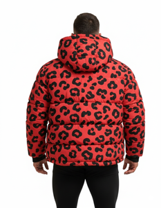 Veste matelassée à capuche pour homme, imprimé léopard rouge et noir, manteau d'hiver style streetwear, vêtement d'extérieur tendance - Product Image 4