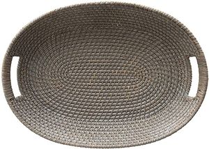 Plateau décoratif rond en fibres végétales tissées à la main avec poignées, style bohème, artisanat en bambou et rotin pour la décoration de la maison - Product Image 4