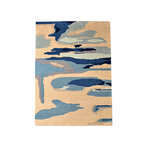 Tapis de luxe moderne abstrait motif nuage et horizont, en laine tuftée à la main, crème beige bleu cobalt, paysage côtier, à poils ras, doux, effet 3D - Product Image 5