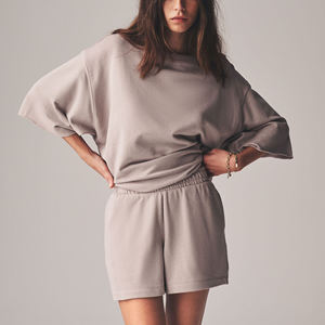 Women Short <b>Set</b> Custom Silk Screen Printed Logo Oversized Regular Fit Streetwear Knee Solid Short <b>Set</b> - Product Image 2