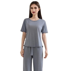 Femmes Premium 100% coton Double Jersey Interlock pyjama ensemble respirant Vintage mode Logo pour été automne printemps vacances - Product Image 4