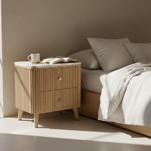 Table d'appoint/bord de lit moderne à 2 tiroirs en chêne écologique avec plateau en MDF et caoutchouc marbré, 5+ compartiments, design dynamique pour salles à manger et espaces de vie - Product Image 2