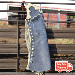 Pantalones de montar de cuero estilo western para hombre con flecos blancos, bolsillo utilitario y costuras decorativas – Pantalones de vaquero para equitación - Product Image 2