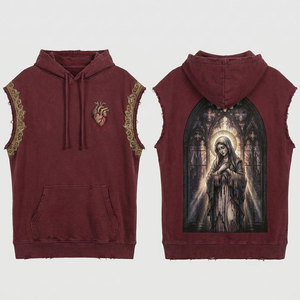 Sudadera con Capucha para Mujer, Color Naranja Coral Sólido, Estilo Desgastado, con Detalle de Telaraña y Pedrería, Gráfico de Zombie Gritando en la Espalda, Lavado Ácido Vintage, 100% Algodón - Product Image 2