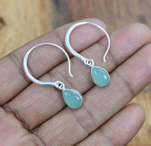 <b>Handmade</b> Silver Aqua Chalcedony Teardrop Hoop <b>Earrings</b> Minimalist Gemstone Boho Jewelry Women - Product Image 1