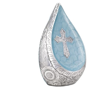 Urna de cremación en forma de lágrima de tendencia para cenizas, superventas, Cruz plateada grabada, hermosa LÁGRIMA DE ALUMINIO esmaltada azul claro - Product Image 3