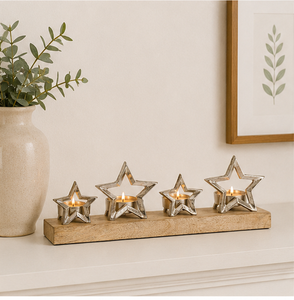 Elegant Handmade Aluminum Star <b>Candle</b> Holder On Rustic Mango Wood Base Modern 4-<b>Flame</b> Advent Tealight Stand For Christmas Decor - Product Image 6