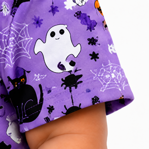 Vente en gros de combinaisons pour bébés unisexes imprimées pour Halloween, combinaison courte à manches courtes pour bébés avec imprimé fantôme, citrouille, chauve-souris, crâne, toile d'araignée - Product Image 3