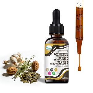 น้ำยาสกัดจากวอร์มวูด แบล็ควอลนัท ผสมลูกแพร์เทศ กระเทียม เมล็ดฟักทอง น้ำมันปาอูด'อาร์โก น้ำมันออริกาโน ขมิ้น และเบอร์เบอรีน (แบบ OEM/ODM) - Product Image 1