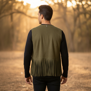 <b>Men</b> Canvas Fringe Vest Western Cowboy Style Sleeveless Plus Size Winter Waterproof Fashion Vest Olive <b>Stud</b> - Product Image 5
