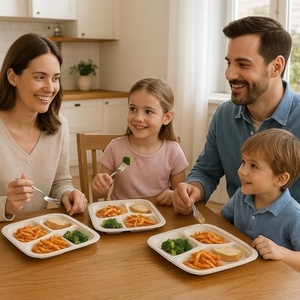 New Disposable Bagasse Biodegradable 3 Compartment Square Meal Plate for Daily Food Serving Rice <b>Pasta</b> Salad Dessert Combos - Product Image 4