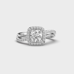 Bague de fiançailles en or blanc avec diamant rond taille brillant, sertissage pavé, bijoux fins classiques pour femme - Product Image 1