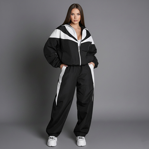 High Quality Custom Puff Printed Logo color block baggy fit ladies tracksuit Zip up jacket & Flared Trouser Women's 2 piece <b>set</b> - Product Image 4