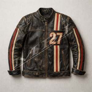 Blouson Bomber en Cuir Véritable pour Homme Amirez, Hiver, Coupe-Vent, Doublure Polaire, Fermeture Éclair, Col Montant, Rayé, Numéro 27 - Product Image 3