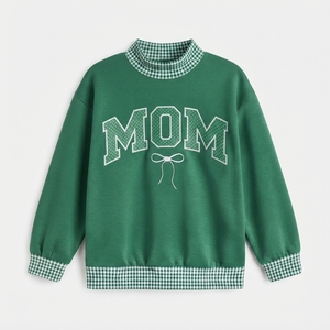 Sweat-shirt surdimensionné vert à imprimé pailleté « Mama » pour femme, col rond, bordure à carreaux, tenue décontractée d'automne, vente en gros - Product Image 5