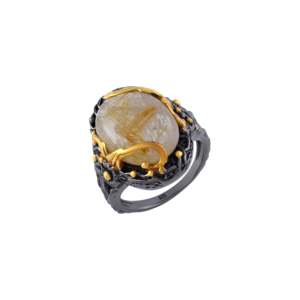 Bohemian S925 Sterling Silver <b>Cocktail</b> <b>Ring</b> With Natural Golden Rutile Cabochon Bezel Setting 22K <b>Gold</b> Plated Fine <b>Ring</b> Jewelry - Product Image 1