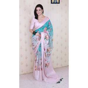 Sari en Georgette Imprimé Floral Bleu Ciel Elite Weaves, Robe de Soirée Douce Tissée Zari 450g - Product Image 6