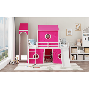 Letto a soppalco rosa a grandezza naturale con scivolo, tenda e torre per bambini, modello precedente LT000771AAH - Product Image 3