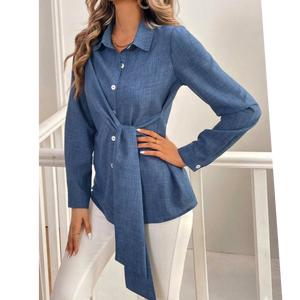 Chemisier boutonné pour femme à nouer devant, taille cintrée, en tissu texturé slub - Product Image 1