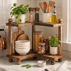 Wood <b>Corner</b> Kitchen <b>Shelf</b> 2-Tier Storage Rack With Plants And Jars Durable Antique Style <b>Wooden</b> Kitchen Storage Rack <b>Corner</b> - Product Image 3